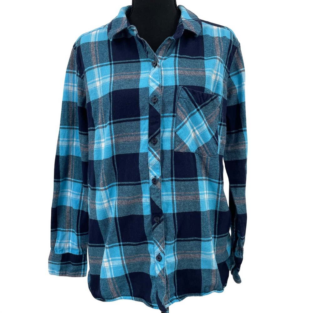 EUC Woolrich‎ Womens XL Blue Plaid Flannel Button Down Shirt Cotton Hiking